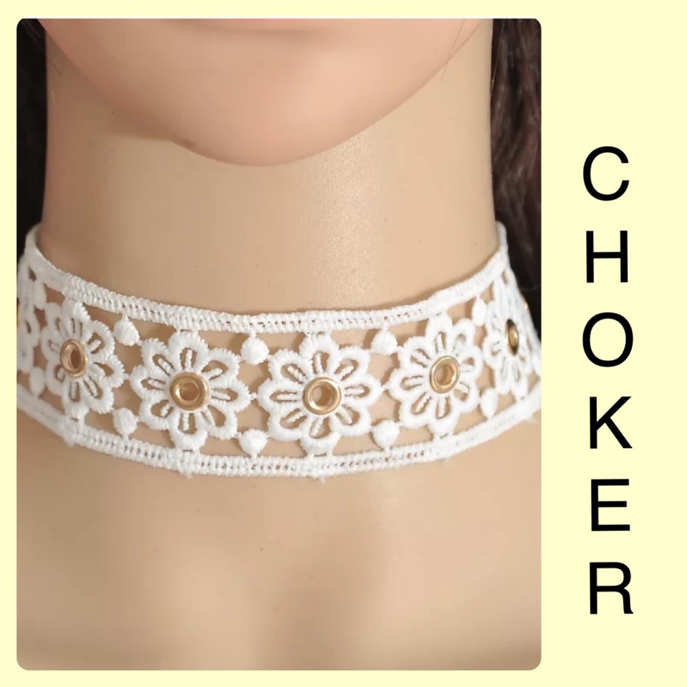 Ivory White Lace Gold Grommet Goth Choker Collar